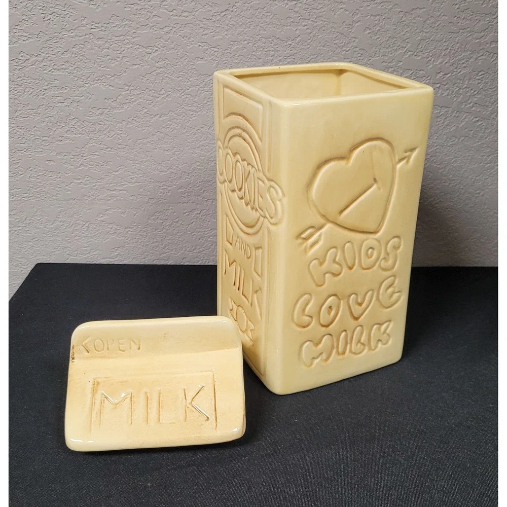 Vintage 1980s Ceramic Milk Carton Cookie Jar Kids Love Milk Retro Kitchen Decor